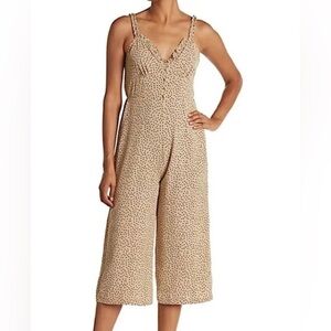 Topshop tan and black chiffon ruffle polkadot jumpsuit